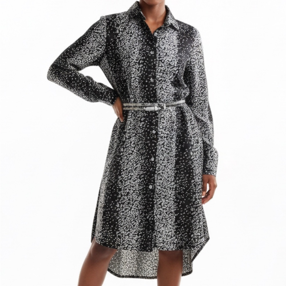 Elegant Black and White Long Sleeve Shirt Dress